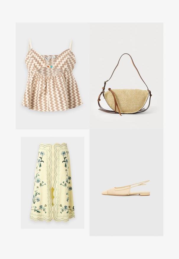 Top sans manches beige et marron à motif zigzag avec fines bretelles et petites perles colorées à l'encolure avant.; Jupe jaune mi-genoux avec bords festonnés et broderie florale en bleu, vert et jaune, avec une fente centrale et des coutures décoratives.; Chaussure plate slingback en beige clair avec une tige en maille, un bout pointu et un petit talon. Dotée d'une sangle ajustable pour un bon maintien.; Sac à main en paille tissée en forme de demi-lune, avec une bandoulière en cuir marron et des accents. Couleur naturelle texturée avec des bords lisses.