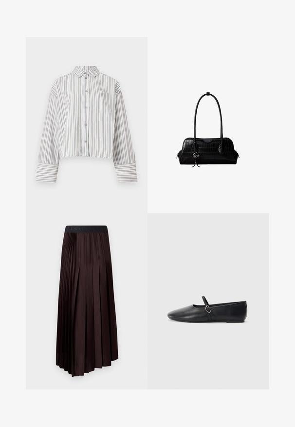 Chemisier court à manches longues avec des rayures verticales marron et blanches, devant boutonné, col et poche poitrine.; Jupe midi plissée marron foncé avec une texture lisse, dotée d'une taille élastique et d'un détail de logo en haut.; Ballerines noires en cuir avec un bout pointu, une semelle plate et une petite sangle avec un détail de boucle en argent.; Sac à épaule en cuir noir à texture crocodile, avec de longues sangles et un petit charm logo argenté sur une sangle.