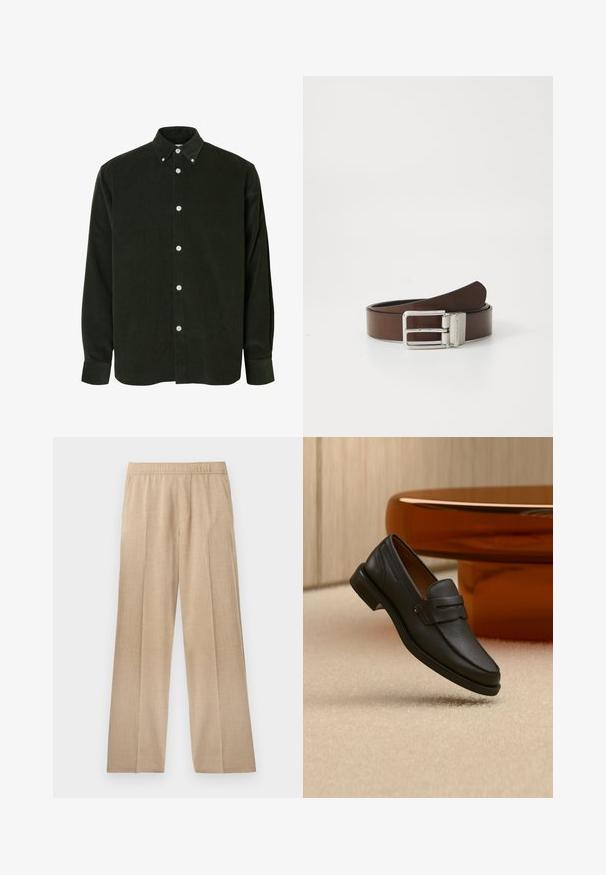 Chemise en velours côtelé vert foncé à manches longues avec boutons blancs et col boutonné, présentée sur fond blanc.; Pantalons larges beiges fabriqués dans un tissu texturé, dotés d'une taille élastique et sans poches ni embellissements visibles.; Mocassin homme en cuir noir avec une bande sur le dessus, présenté sur un tapis beige près d'une table ronde moderne marron.; Ceinture en cuir brun avec une texture lisse, dotée d'une boucle en métal argenté et d'un design minimaliste. La boucle a une forme rectangulaire.
