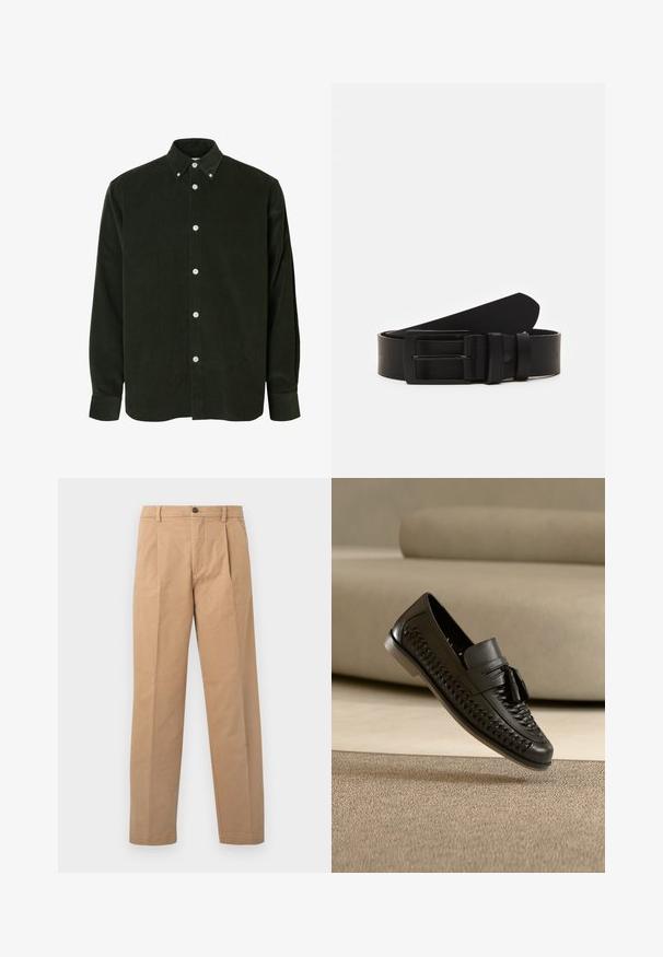 Mørkegrøn fløjlsbluse med lange ærmer, hvide knapper og krave med knapper, vist mod en hvid baggrund.; Khaki bukser med lige ben-design, lavet af bomuldsstof; har en enkelt knaplukning og to frontfolder.; Sort flettet læderloafer med kvaster, hvilende med sålen vinklet opad på et beige tæppe foran en beige sofa.; Sort læderbælte rullet med en mat sort rektangulær metalspænde og to bæltesløjfer på en hvid baggrund.