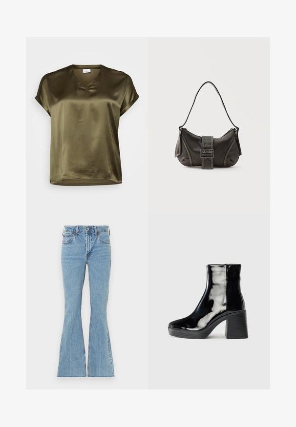 Blusa corta de manga corta en verde oliva con escote en V. Está hecha de una tela suave y sedosa, con corte recto y puños de manga enrollados.; Vaqueros acampanados de mezclilla azul claro con cintura alta, cierre frontal con botones, cinco bolsillos y sutiles desgastes en los muslos.; Botines de charol negros con un alto tacón bloque, punta redondeada y un acabado liso y brillante. Presenta detalles de costura vertical.; Bolso de hombro de cuero negro con detalle de correa con hebilla, bordes curvos y costuras blancas en contraste sobre un fondo liso.