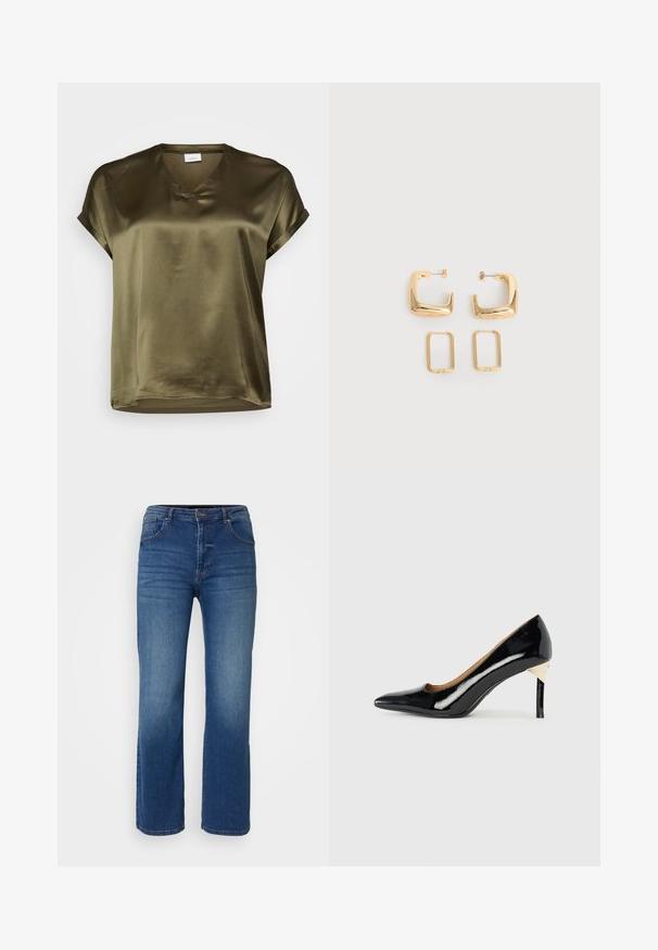 Blusa corta de manga corta en verde oliva con escote en V. Está hecha de una tela suave y sedosa, con corte recto y puños de manga enrollados.; Jeans de mezclilla azul oscuro con un diseño de pierna recta, estilo de cinco bolsillos y cierre de botón y cremallera. Textura suave con un desvanecimiento mínimo.; Zapato de tacón alto de charol negro con punta afilada y diseño recortado; presenta un elegante detalle en dorado en el tacón. Simple y elegante.; Dos pares de pendientes de aro geométricos en tono dorado sobre una superficie blanca lisa, un par cuadrados y sólidos, un par rectangulares y huecos.