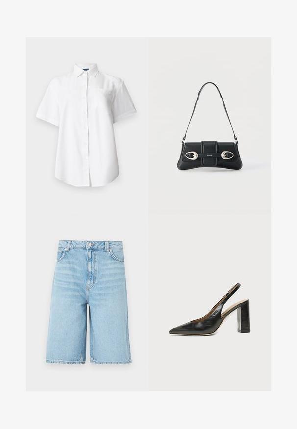 Chemise blanche à manches courtes avec col et poche poitrine, présentée sur un fond clair uni.; Shorts en denim bleu clair longueur genou avec bouton à l'avant, fermeture éclair, passants pour ceinture et poches latérales sur fond blanc.; Chaussure slingback en cuir noir à bout pointu avec un talon bloc haut et une doublure intérieure beige sur un fond clair uni.; Sac bandoulière en cuir noir avec deux boucles en argent et une bandoulière ajustable, arborant le logo "HUGO" au centre devant.