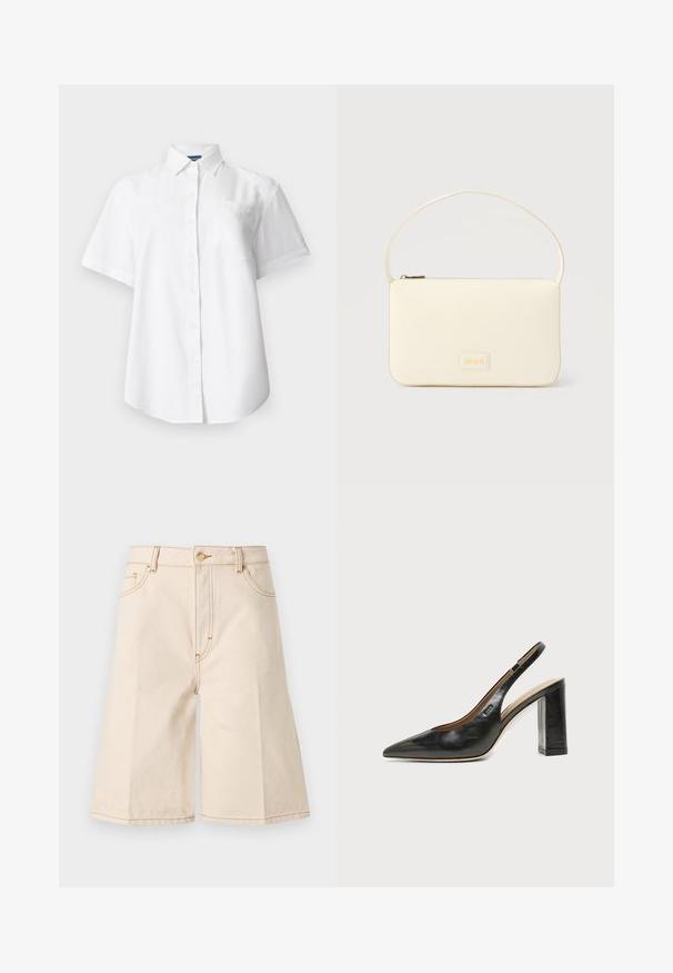 Chemise blanche à manches courtes avec col et poche poitrine, présentée sur un fond clair uni.; Shorts en denim beige taille haute longueur au genou avec bouton et fermeture éclair à l'avant, passants pour ceinture, ainsi que poches latérales et poche monnaie.; Chaussure slingback en cuir noir à bout pointu avec un talon bloc haut et une doublure intérieure beige sur un fond clair uni.; Sac à main rectangulaire de couleur crème avec une seule sangle et une fermeture éclair sur le dessus, comportant une petite plaque de logo embossé à l'avant.