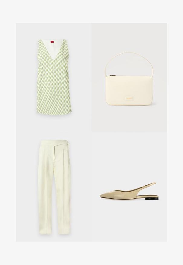 Robe sans manches à décolleté en V profond, avec un motif pied-de-poule vert et blanc, présentée sur un fond uni.; Pantalon taille haute couleur crème, coupe ajustée avec plis, fermeture latérale et jambes droites, sur fond uni.; Chaussure plate beige à bout pointu avec bride arrière, petit talon noir et finition en cuir lisse, vue de côté sur un fond uni.; Sac à main rectangulaire de couleur crème avec une seule sangle et une fermeture éclair sur le dessus, comportant une petite plaque de logo embossé à l'avant.