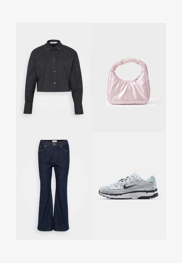 Afskåret sort ternet skjorte lavet af vævet stof, med knaplukning foran, lange ærmer og en brystlomme.; Mørkeblå flagrende jeans lavet af denim, med et klassisk fem-lomme design, kontrastsyning og en bronze knaplukning.; Nike P-6000 sneakers med en lys grå mesh overdel, sorte accenter og en holdbar sort gummisål. Har et detaljeret design og snøresystem.; Rosa, polstret håndtaske med afrundet design, lavet af skinnende materiale. Har et samlet håndtag og en lynlås til sikker adgang.