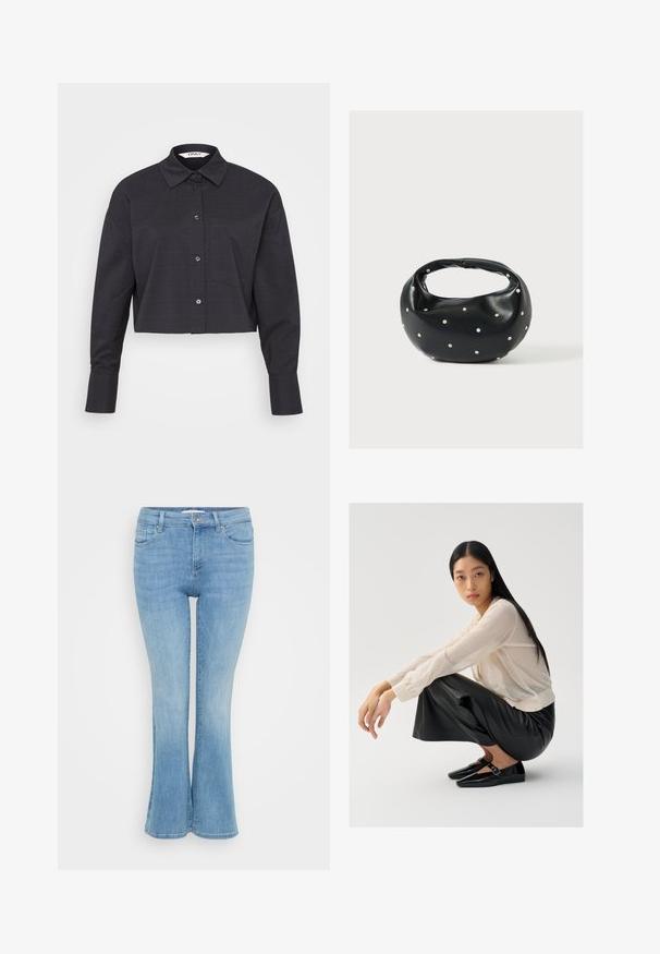 Lühem mustriline must ruuduline särk, mis on valmistatud kootud kangast, varrukate ja rinnataskuga, ning nupukinnitusega esiosa.; ONLY Petite ONLANN MID - Alt laienevad teksad - light blue denim; Helebeez combukas, millel on puhv-suud, koos mustade nahast laiade pükste ja läikivate mustade kingadega, millel on rihmade detail.; Mustast nahast ümmarguse kujuga käekott, kaunistatud hõbedaste naeladega, lühikese sangaga. Sile tekstuur ja tõmblukuga sulgemine.