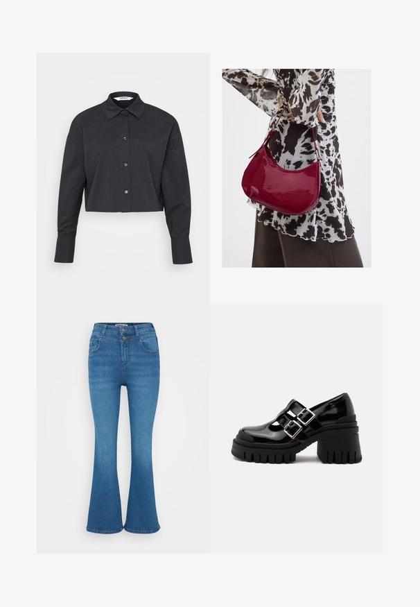 Gekürztes schwarzes kariertes Hemd aus gewebtem Stoff, mit Knopfleiste, langen Ärmeln und einer Brusttasche.; Blaue Denim-Jeans mit ausgestelltem Bein, hoher Taille, Zwei-Knopf-Verschluss und dezentem Ausbleichen. Klassisches Fünf-Taschen-Design, glatte Textur.; Schwarzer Lacklederschuh mit klobigem Absatz, doppelten silbernen Schnallenriemen und dicker profilierten Sohle, Seitenansicht auf einfarbigem Hintergrund.; Frau trägt eine schwarz-weiß gemusterte Bluse und hält eine glänzende rote Schultertasche vor einem einfarbigen Hintergrund.