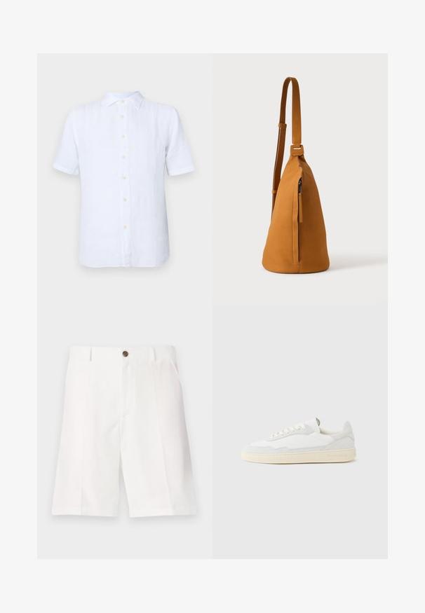 Witte korte mouwen shirt van linnen, met een knoopsluiting aan de voorkant, een zachte textuur en een subtiele glans. De knopen zijn lichtgeel.; Witte bermuda shorts van lichtgewicht stof met een relaxte pasvorm, voorzien van een enkele bruine knoop en voorzakken.; Witte sneaker met een bovenwerk van gestructureerd suède en leer. Voorzien van een afgeronde neus, vetersluiting en een contrasterende beige rubberen zool.; Lichtbruine leren schoudertas met verstelbare band en verticale ritszak, zijaanzicht tegen een effen lichte achtergrond.