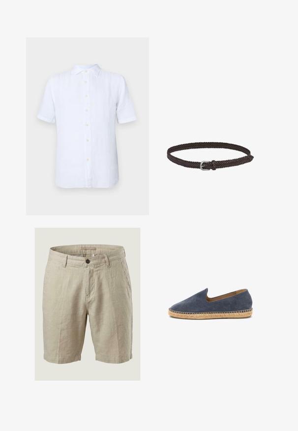 Witte korte mouwen shirt van linnen, met een knoopsluiting aan de voorkant, een zachte textuur en een subtiele glans. De knopen zijn lichtgeel.; Beige linnen herenshorts met ceintuurlussen, knoopsluiting aan de voorkant, zijzakken en een getailleerde pasvorm.; Marineblauwe slip-on espadrille met canvas bovenwerk en gevlochten jute zool, laag uitgesneden ontwerp met beige voering aan de binnenkant.; Gevlochten bruine leren riem met een zilveren metalen gesp. Heeft een gladde textuur en een slank, flexibel ontwerp.