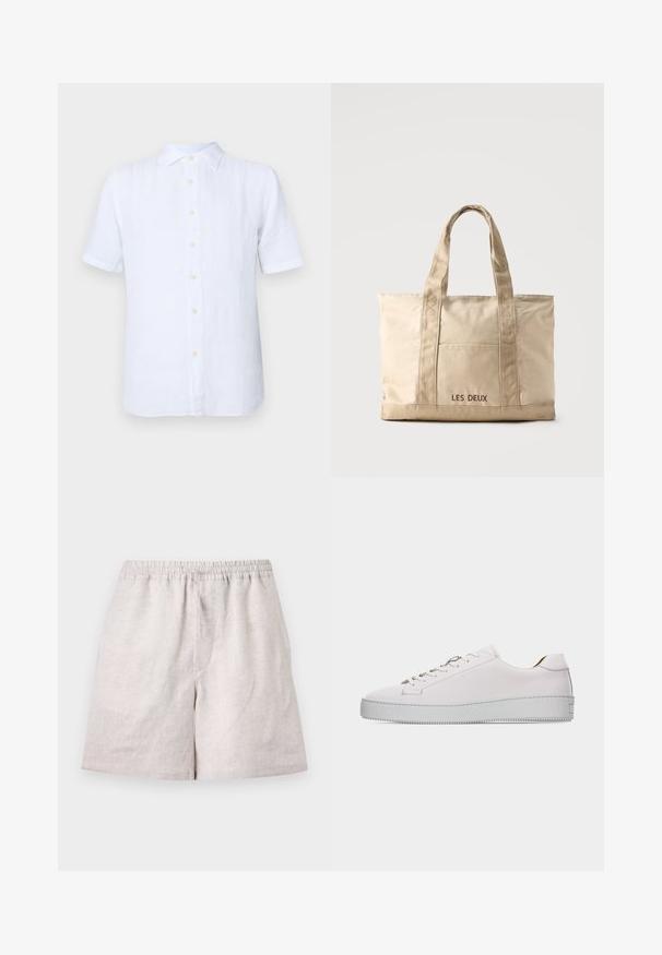 Chemise blanche à manches courtes en lin, avec un devant boutonné, texture douce et éclat subtil. Les boutons sont de couleur jaune pâle.; Shorts en lin beige clair avec taille élastique et cordon, longueur au genou, disposés à plat sur fond blanc.; Baskets basses en cuir blanc avec lacets blancs, semelle en caoutchouc plate texturée et coutures minimalistes, vues de côté extérieur sur fond blanc.; Sac cabas en toile beige avec deux anses et une poche avant, "LES DEUX" brodé sur la poche.