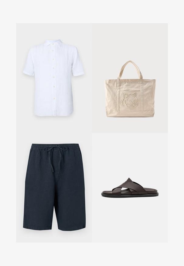 Camisa blanca de mangas cortas hecha de lino, con un frente abotonado, textura suave y un ligero brillo. Los botones son de un amarillo pálido.; Pantalones cortos de lino en azul marino oscuro con cinturilla elástica y cordón ajustable. Cuenta con bolsillos laterales y un corte relajado.; Stuart Weitzman BERKLEY - Sandalias planas - espresso; Bolsa tote de lona beige con asas dobles y un diseño en relieve de la cabeza de un lobo en el bolsillo frontal.