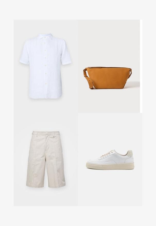 Camisa blanca de mangas cortas hecha de lino, con un frente abotonado, textura suave y un ligero brillo. Los botones son de un amarillo pálido.; Pantalones cortos de algodón beige con un corte recto, a la altura de la rodilla, que presentan dos bolsillos frontales y pliegues sutiles para añadir textura.; Zapatilla blanca con parte superior de cuero suave, cordones beige y un tirador de talón de ante beige texturizado. Suela elevada para mayor altura.; Bolso bandolera de cuero marrón claro con correa ajustable y cierre de cremallera, mostrado sobre un fondo claro y liso.