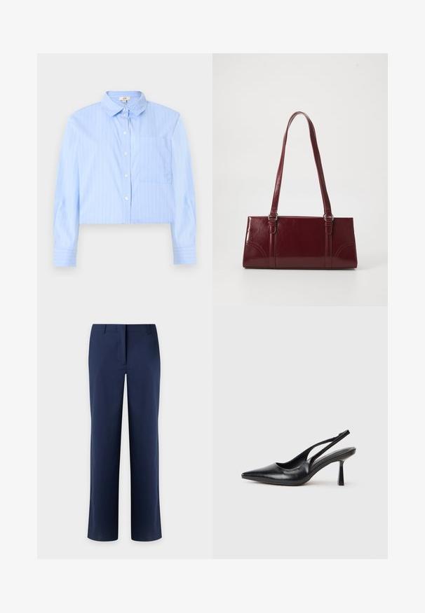 Chemise courte bleu clair à rayures verticales blanches fines, manches longues, col et poche poitrine.; Pantalon bleu marine à jambes droites avec passants de ceinture et fermeture avant dissimulée, présenté sur un fond clair.; Chaussure à talon haut en cuir noir, à bride arrière, avec un bout pointu et un talon fin sur fond blanc.; Sac à main bordeaux en matériau brillant, de forme rectangulaire, avec deux anses et des accents légèrement courbés à l'avant.