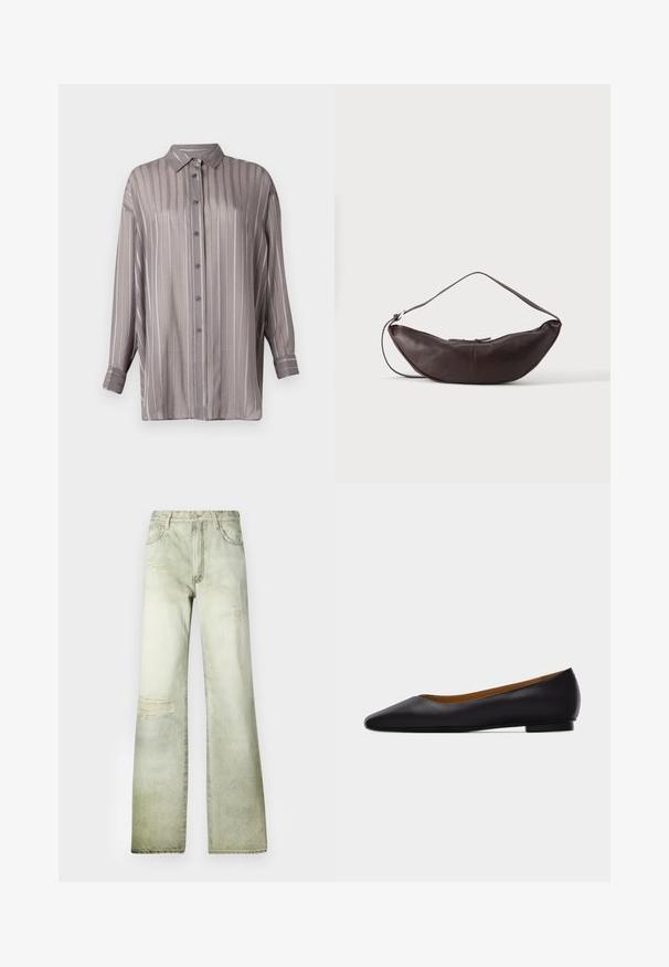 Chemise boutonnée gris clair avec des rayures verticales, manches longues et col. Fabriquée dans un tissu lisse et légèrement transparent.; Jeans en denim vert pâle avec une taille haute, une coupe large et des patches usés. Dotés d'une fermeture à bouton et de cinq poches.; Chaussure plate en cuir noir à bout pointu avec talon bas et finition lisse, vue de côté sur un fond gris clair.; Sac d'épaule en cuir marron foncé en forme de croissant avec une lanière courbée et des coutures visibles sur fond uni.