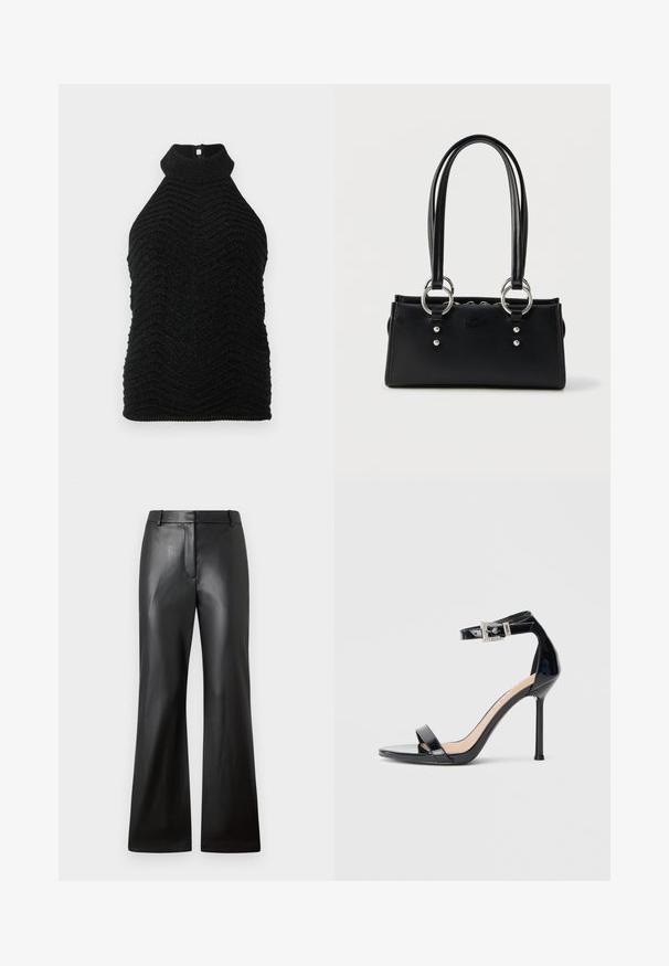 Haut sans manches noir en tricot à col roulé avec un motif en chevron texturé et un subtil éclat, posé à plat sur un fond blanc.; Pantalons en cuir noir avec une texture lisse, design à jambes larges et une taille mi-haute dotée de passants de ceinture et de poches avant.; Sandale à talon haut en cuir verni noir avec bride à la cheville. Présente un design minimaliste, un bout ouvert et une boucle ornée de strass.; Sac à main rectangulaire noir avec double poignée, ferrures anneaux argentés et logo embossé discret sur le devant, sur fond blanc.