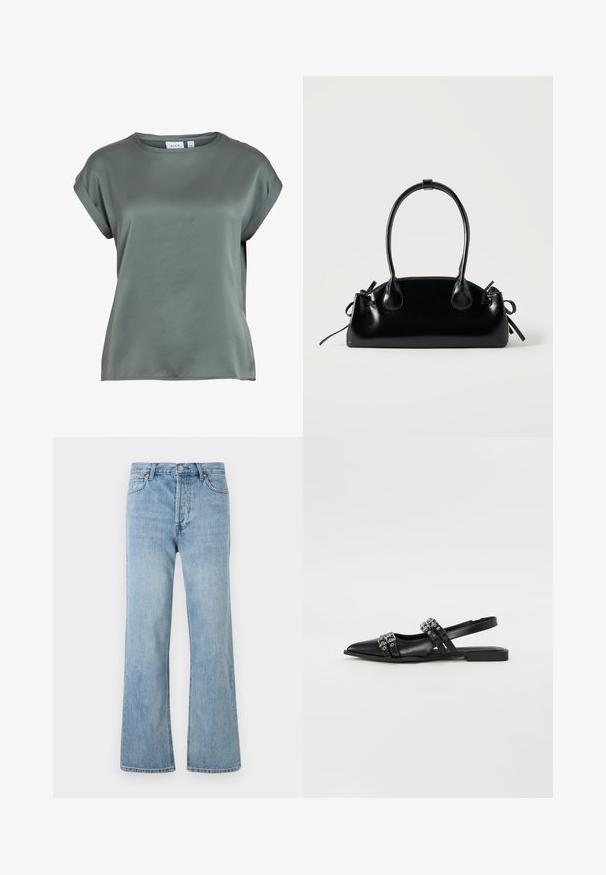 Blouse en satin à manches courtes vert atténué avec encolure ronde et poignets de manches repliés, étiquette de la marque visible à l'intérieur du col.; Jean en denim bleu clair taille haute avec fermeture à boutons, poches avant et arrière, et coupe droite sur fond blanc.; Even&Odd by Zalando Ballerines à brides arrière - black; Petit sac à main noir brillant avec deux longues anses et des détails à cordon sur les côtés sur un fond clair uni.
