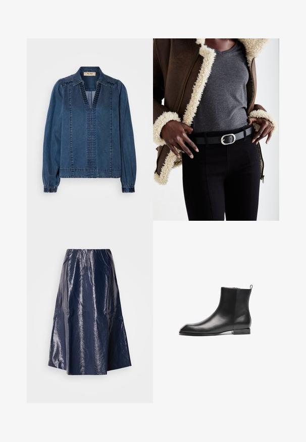 Veste en denim bleu foncé, avec un col en V, des manches froncées et des détails de couture texturés. Conçue avec une coupe décontractée et des épaules structurées.; Jupe midi bleu marine en tissu brillant et texturé avec une coupe évasée et une taille élastique. Surface lisse avec un léger éclat.; Bottine en cuir noir avec une texture lisse, un bout pointu, un design minimaliste et un petit talon carré. Comprend une languette à l'arrière pour un enfilage facile.; Veste en peau de mouton brun avec doublure, shirt gris à col en V, ceinture noire avec boucle ovale en argent, jean noir près du corps, matériaux texturés et design superposé.
