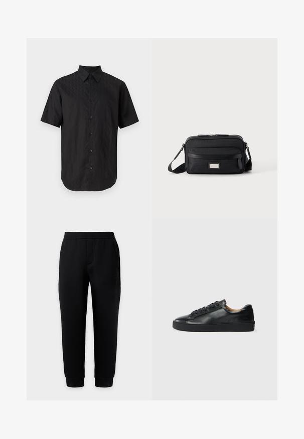 Chemise noire à manches courtes avec un motif discret en forme de losange et un col classique, présentée sur un fond clair uni.; Pantalon de jogging noir ajusté avec taille et poignets élastiques, poches latérales et logo discret sur la cuisse droite sur fond uni.; Baskets en cuir noir avec une texture lisse, bout rond et fermeture à lacets. Comprend une semelle en caoutchouc épaisse et un minimum de détails de marque.; Sac bandoulière rectangulaire noir avec poche avant zippée, sangle réglable et plaque logo rectangulaire argentée sur fond uni.