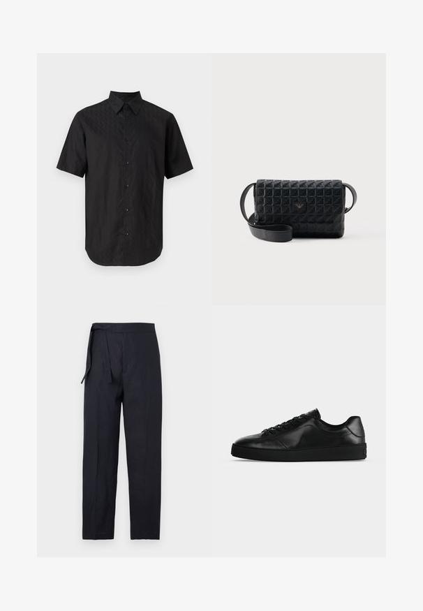 Chemise noire à manches courtes avec un motif discret en forme de losange et un col classique, présentée sur un fond clair uni.; Pantalon noir taille haute, coupe fuselée, avec une ceinture en tissu nouée sur le côté gauche, réalisé dans un matériau lisse et léger.; Sneaker noir en cuir à profil bas avec lacets sur le devant et semelle plate texturée, montré de profil sur un fond neutre.; Sac bandoulière noir texturé avec une fermeture à rabat et un petit logo en métal sur le devant, présenté sur un fond uni.
