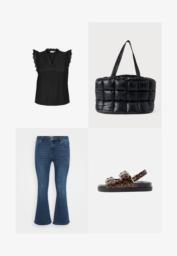 Sort ærmeløs top med høj hals og delikate blonde-flæse detaljer på skuldrene, med en subtil, glat tekstur.; Bredde blå denimjeans med medium taljehøjde, fem lomme-design og subtile ribbede tekstur foran. Stof ser robust og glat ud.; Åben tå-sandal med tyk sort sål, tre justerbare stropper med leopardprint og sølvspænder samt en ankelrem med spænde.; Sort quiltet tote-bag med polstret tekstur og snørelukning, der har to lange sorte håndtag.
