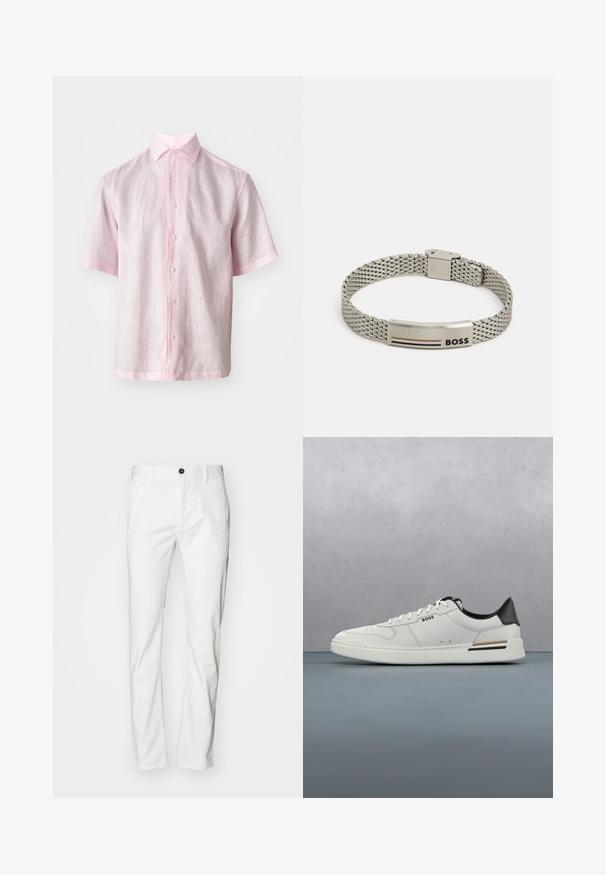 Kortærmet skjorte med knaplukning i lys pink hør, med klassisk krave og lige snit med subtil tekstur.; Hvide bomuldsbukser med lige snit, der har knaplukning og lommer, glat tekstur og minimalistisk stil.; Hvide lavtoppede sneakers med sort hæl, snørebånds lukning, subtile perforeringer og "BOSS" logo på siden, vist fra ydersiden i profil.; Sølv mesh armbånd med en buet metalplade, indgraveret med "BOSS" og tre farvede striber. Justerbar låsemekanisme.