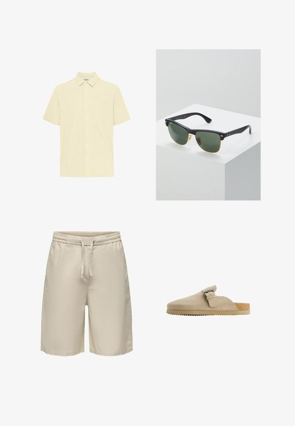 Chemise à manches courtes en tissu texturé jaune clair. Elle présente un col boutonné, une poche frontale et une patte de boutonnage sur le devant.; Short beige mi-long jusqu’aux genoux avec ceinture élastique et cordon à l’avant, en tissu léger.; Sabot en daim beige avec une forme courbée, bride en métal réglable et semelle en liège texturée. La semelle extérieure présente un bord cranté pour une meilleure adhérence.; Lunettes de soleil Ray-Ban avec des verres verts, monture en plastique noir et accents dorés sur les bords. Forme carrée avec une finition mate.