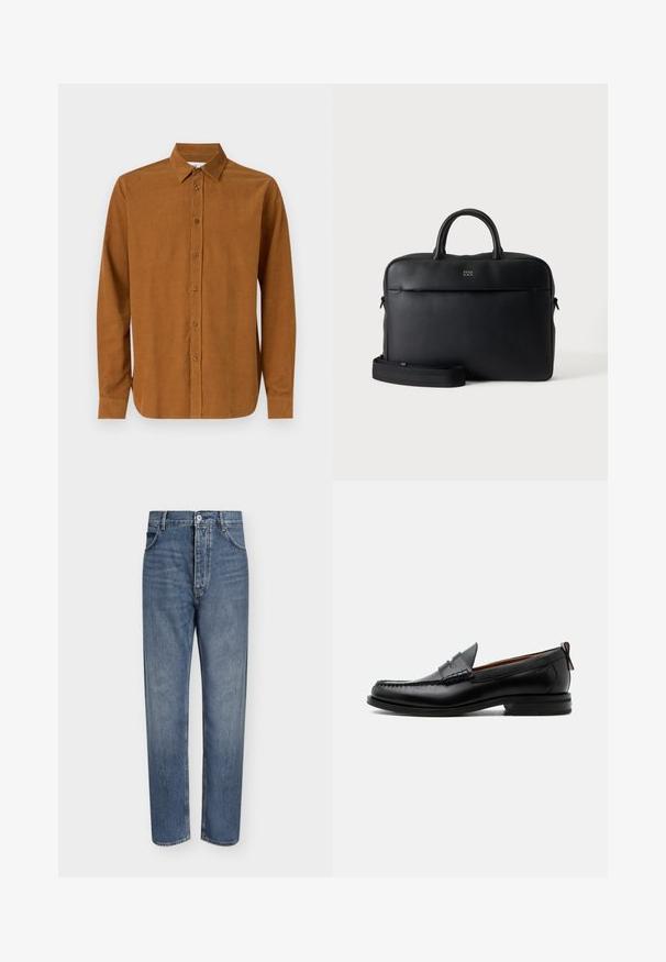 Chemise à manches longues marron en tissu lisse, dotée d'un col classique et de sept boutons à l'avant, avec des manches à poignets droits.; Jean droit en denim bleu avec taille haute, fermeture à boutons sur le devant et design à cinq poches sur un fond clair uni.; Mocassin homme en cuir noir avec couture moc toe, bride penny, col texturé et petit talon empilé sur fond blanc.; Serviette en cuir noir texturé avec poignées supérieures et bandoulière amovible, montrant un petit logo avant sur fond gris neutre.