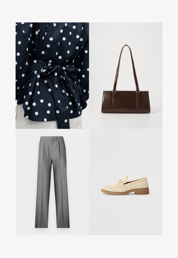 Gros plan d'un vêtement noir à pois blancs noué à la taille avec un nœud, montrant une partie des manches et de l'ourlet inférieur.; Pantalon gris sur mesure avec un devant plissé, une coupe droite et une texture subtile. Il présente une taille avec passants pour ceinture et aucune poche visible.; Mocassins en textile beige avec un petit talon bloc, présentant un design cousu et un accent décoratif en métal doré sur le dessus.; Sac à main en cuir verni marron de forme rectangulaire, avec deux longues poignées et des accents courbés subtils à l'avant.