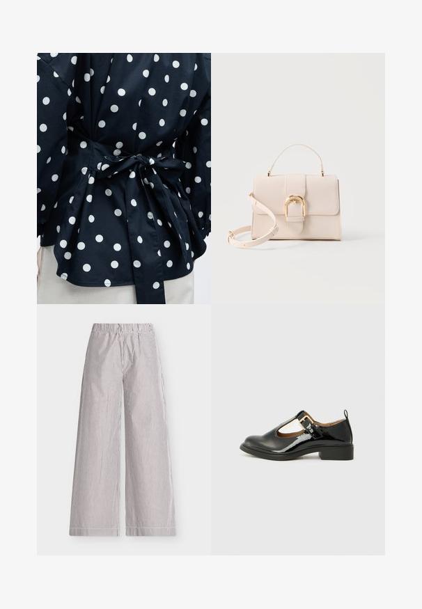 Gros plan d'un vêtement noir à pois blancs noué à la taille avec un nœud, montrant une partie des manches et de l'ourlet inférieur.; Pantalon à jambes larges avec fines rayures verticales noires et blanches, taille élastique et poches latérales sur un fond gris clair.; Chaussure Mary Jane en cuir verni noir avec un bout arrondi, une sangle au niveau de la cheville, un détail de boucle dorée et un petit talon carré. Texture lisse.; Sac à main beige structuré avec poignée supérieure, bandoulière détachable et boucle arquée couleur or sur un fond clair.