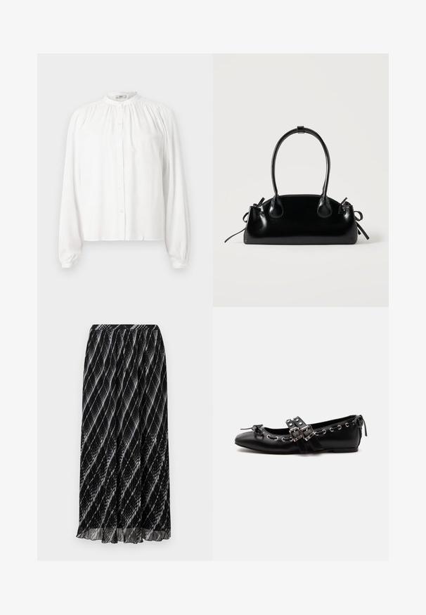 Blusa blanca de manga larga con cuello redondo y fruncido y cierre frontal con botones. Está hecha de una tela suave con mangas ligeramente abullonadas.; Falda negra plisada con un patrón diagonal en blanco y gris, que presenta un tejido suave y ligero, y una cinturilla elástica.; Zapato de ballet plano negro con correas de doble hebilla, ojales plateados y un pequeño lazo cerca de la puntera redondeada sobre un fondo blanco.; Pequeño bolso negro brillante con dos asas largas y detalles de cordón lateral sobre un fondo claro liso.