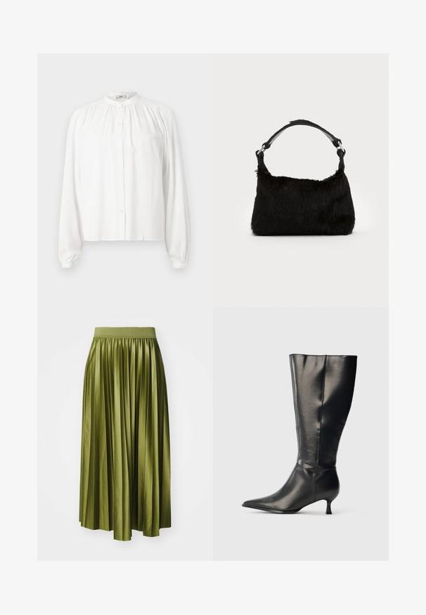 Blusa blanca de manga larga con cuello redondo y fruncido y cierre frontal con botones. Está hecha de una tela suave con mangas ligeramente abullonadas.; Falda midi plisada en satén verde oliva, con una amplia cinturilla elástica y una silueta fluida con plisados verticales.; Bota negra de cuero hasta la rodilla, con punta afilada y tacón bajo tipo kitten, mostrada sobre un fondo claro y sencillo.; Bolso de mano de piel sintética negra con una textura suave, forma redondeada y una resistente correa de cuero negro para el hombro. Acentos de herrajes plateados visibles.