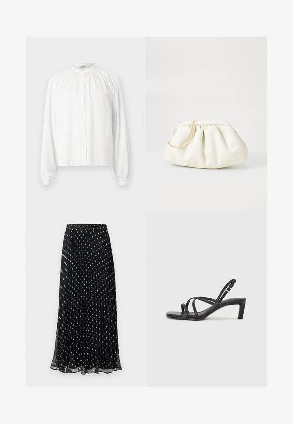 Blusa blanca de manga larga con cuello redondo y fruncido y cierre frontal con botones. Está hecha de una tela suave con mangas ligeramente abullonadas.; Falda negra plisada con lunares blancos, presenta una cintura elástica y un diseño fluido, confeccionada con tela ligera.; Sandalia negra de tiras con punta cuadrada y tacón bajo de bloque. Presenta múltiples tiras delgadas y una correa ajustable en el tobillo. Fabricada en cuero suave.; Bolso de mano de cuero blanco con un diseño recogido, cuenta con una cadena dorada y forma redondeada. Textura suave con pliegues suaves y sin patrones.