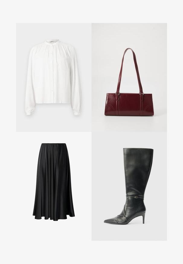 Blusa blanca de manga larga con cuello redondo y fruncido y cierre frontal con botones. Está hecha de una tela suave con mangas ligeramente abullonadas.; Falda maxi negra de tejido suave, con una cinturilla elástica, silueta amplia y un dobladillo fluido sin patrones o detalles visibles.; Botas negras de cuero hasta la rodilla con tacón delgado, punta afilada y detalles de diseño con correas en el tobillo. Textura suave y diseño ajustado.; Bolso burdeos hecho de material brillante, de forma rectangular, con dos asas para el hombro y sutiles acentos curvados en la parte frontal.