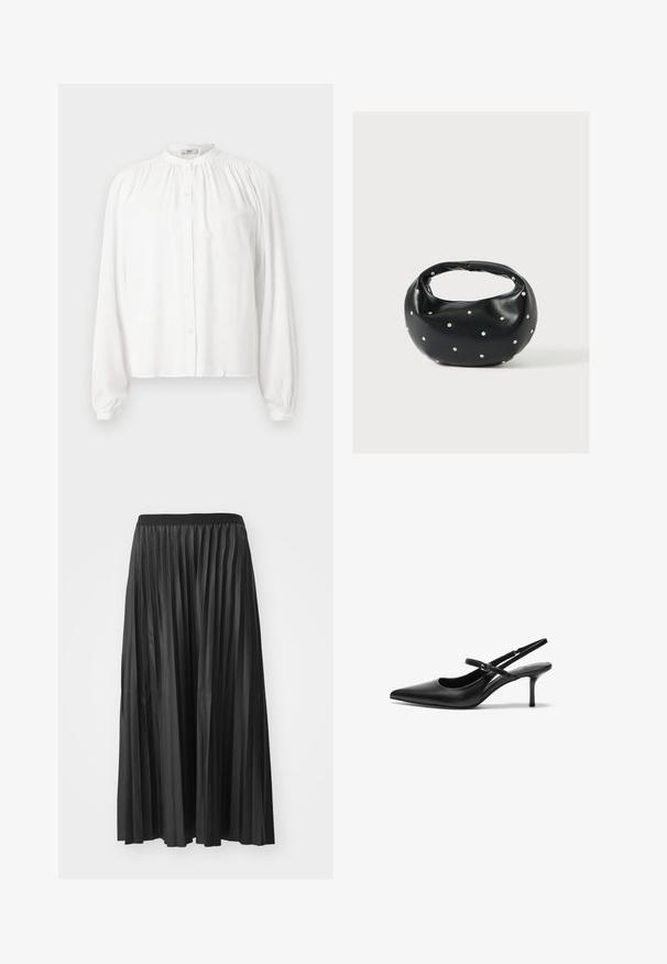 Blusa blanca de manga larga con cuello redondo y fruncido y cierre frontal con botones. Está hecha de una tela suave con mangas ligeramente abullonadas.; Falda larga negra plisada con una textura suave y cinturilla elástica, que presenta pliegues verticales que crean volumen y movimiento.; Zapatos de tacón slingback de cuero negro con punta afilada, correa ajustable delgada y un tacón de aguja de aproximadamente 5 cm, textura suave.; Bolso de mano de cuero negro con forma redondeada, decorado con detalles de tachuelas plateadas y un asa corta. Textura lisa y cierre con cremallera.