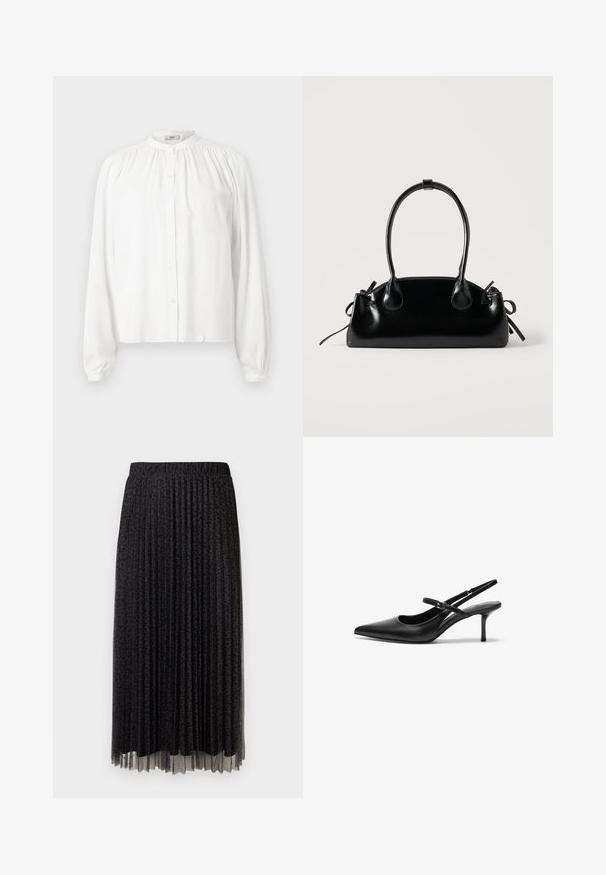 Blusa blanca de manga larga con cuello redondo y fruncido y cierre frontal con botones. Está hecha de una tela suave con mangas ligeramente abullonadas.; Falda midi negra plisada con un sutil estampado de leopardo, cinturilla elástica y textura transparente en el dobladillo.; Zapatos de tacón slingback de cuero negro con punta afilada, correa ajustable delgada y un tacón de aguja de aproximadamente 5 cm, textura suave.; Pequeño bolso negro brillante con dos asas largas y detalles de cordón lateral sobre un fondo claro liso.
