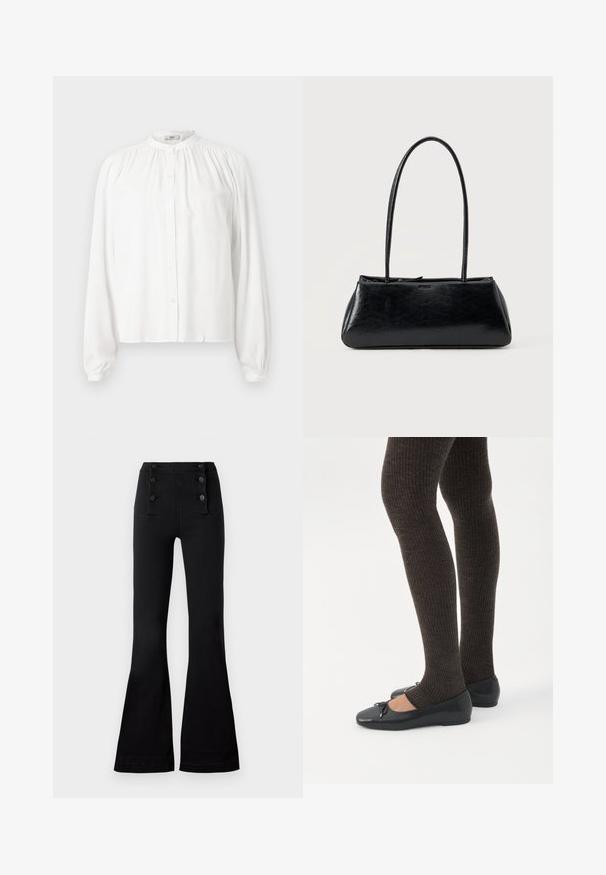 Blusa blanca de manga larga con cuello redondo y fruncido y cierre frontal con botones. Está hecha de una tela suave con mangas ligeramente abullonadas.; Pantalones acampanados negros de mezclilla con una cintura alta, que presentan cuatro botones decorativos en la parte delantera y una textura suave.; Piernas con leggings oscuros acanalados combinados con bailarinas negras que presentan pequeños detalles de lazo sobre un fondo blanco.; Bolso de hombro rectangular negro con correas largas y delgadas y una textura lisa y brillante sobre un fondo liso.