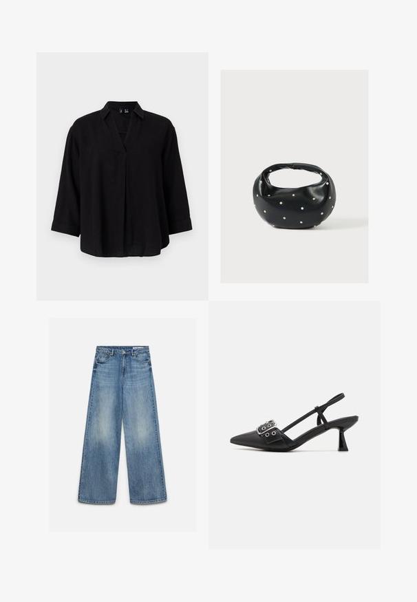 Blouse en lin noir avec un col, manches ¾ et un pli avant. Texture douce et coupe décontractée.; Jean en denim bleu à jambes larges avec un effet délavé à l'avant, bouton avant, fermeture éclair et poches avant avec passants de ceinture.; Simmi London DALA - Escarpins - black; Sac à main en cuir noir de forme arrondie, décoré de clous argentés et équipé d'une poignée courte. Texture lisse et fermeture éclair.