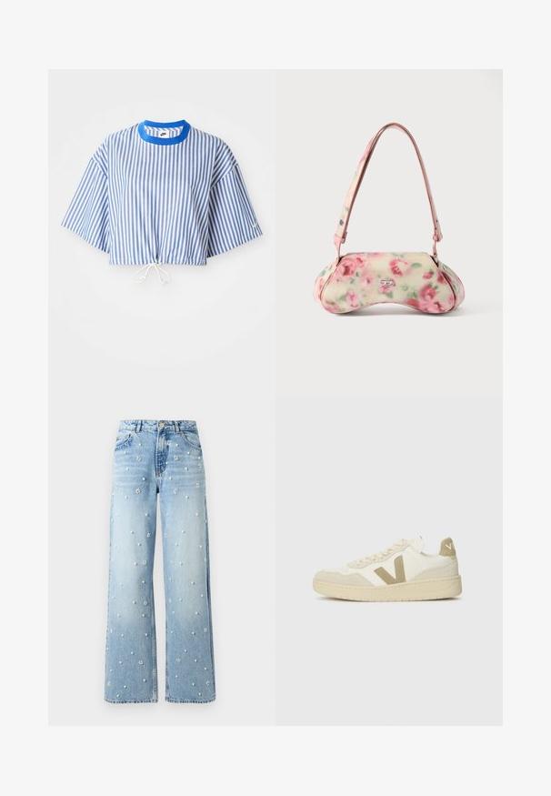 Afskåret skjorte med blå og hvide lodrette striber, korte brede ærmer og snøre i taljen. Har en blå rund halsudskæring.; Lyseblå jeans med vide ben og perle- og blomsterv-formede perleudsmykninger spredt over stoffet, med knapper foran og synlige lommer.; Sneakers med en cremefarvet overdel, beige ruskindsdetaljer og en struktureret gummisål. Har et markant 'V' logo og snørebåndsdesign.; Håndtaske med blomstermønster og buet form, primært cremefarvet med pink roser, med en pink rem og en sølvfarvet logo-detalje. Glat tekstur.