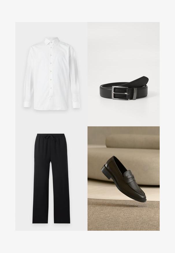 Camisa de vestir blanca de manga larga con botones, cuello abierto y puños abotonados, mostrada sobre un fondo blanco liso.; Pantalones negros de corte holgado con cintura elástica y cordón frontal, piernas rectas, diseño sencillo, mostrados sobre un fondo neutro.; Zapato mocasín de cuero negro descansando sobre una alfombra beige con un sofá beige curvado en el fondo.; Cinturón de cuero negro con hebilla de metal plateada, que presenta un acabado suave y un diseño clásico. El cinturón está neatly doblado.