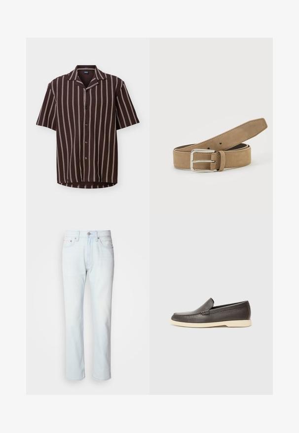 Chemise marron à manches courtes avec des rayures verticales blanches et un col de style camp, présentée à plat sur un fond clair.; Jean en denim bleu clair avec une coupe droite. Présente une fermeture à bouton et des passants de ceinture, mettant en valeur une texture décolorée et des coutures minimalistes.; Chaussures à enfiler en cuir marron avec une surface texturée et une semelle beige clair contrastante, présentant un bout arrondi et de minimalistes détails de couture.; Ceinture en daim marron clair avec boucle métallique argentée, roulée et posée sur une surface blanche.