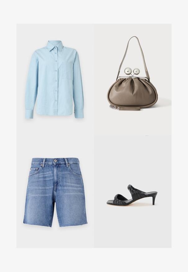 Chemise bleu clair à manches longues, boutonnée, avec col et poche poitrine, présentée sur un fond blanc uni.; Shorts en denim bleu clair avec une coupe droite, ourlet effilé, cinq poches et fermeture à bouton métallique. Le tissu a une texture lisse avec un léger délavage.; Sandales à talons noirs avec un bout carré, fabriquées en cuir lisse. Elles présentent des brides froncées et un talon fin pour plus d'élévation.; Sac à main en cuir gris de forme arrondie, fermeture supérieure avec deux grandes sphères argentées, et une seule anse.