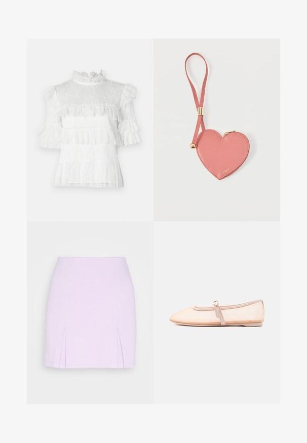 Witte kanten blouse met korte, gerimpelde mouwen, hoge halslijn en gelaagde franje-details. Geweven bloemmotief over de gehele blouse.; Even&Odd by Zalando Minirok - lilac; Licht beige platte schoen met een puntige neus en een enkele gesp aan de zijkant, weergegeven op een effen witte achtergrond.; Roze leren muntportemonnee in hartvorm met polsbandje en gouden rits, gebrandmerkt met kleine gouden tekst "Furla".