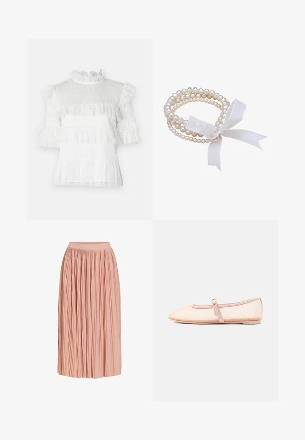 Blusa blanca de encaje con mangas cortas con volantes, cuello alto y detalles de volante en capas. Patrón floral texturizado en toda la prenda.; Falda plisada midi de color rosa claro con una cinturilla ancha, hecha de tela ligera, mostrada sobre un fondo blanco.; Zapato plano beige claro con punta puntiaguda y una sola correa con hebilla lateral, mostrado sobre un fondo blanco liso.; Pulsera de perlas blancas con múltiples hilos, que presenta perlas de diferentes tamaños. Atada con un lazo de cinta blanca transparente.