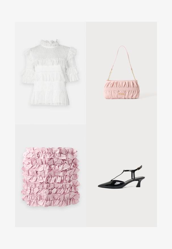 Blusa blanca de encaje con mangas cortas con volantes, cuello alto y detalles de volante en capas. Patrón floral texturizado en toda la prenda.; Tela rosa con volantes que presenta múltiples capas de textura suave, similar al satén, con bordes fruncidos. Forma rectangular con un color rico y uniforme.; Zapato de tacón bajo para mujer en charol negro con tira trasera, punta puntiaguda y correa fina con cierre de hebilla pequeña.; Pequeño bolso rosa fruncido con cadena dorada y una placa con el logotipo rectangular que dice Love Moschino en el frente.