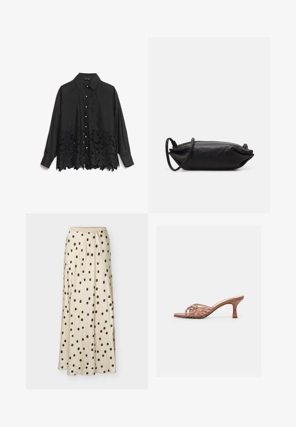 Sort button-up skjorte med en glat overdel og en blondekant med blomster mønstre. Kraven er struktureret, med perle-lignende knapper ned ad fronten.; Beige lang nederdel med sorte polkaprikker, glat stof, høj talje og let udsving mod kanten.; Brun åben-tå mule sandal med flettede overremme og en mellemhøj, buet hæl på en helt hvid baggrund.; Sort læder clutch taske med rektangulær form, glat tekstur, tynd skulderrem og minimalistisk design.