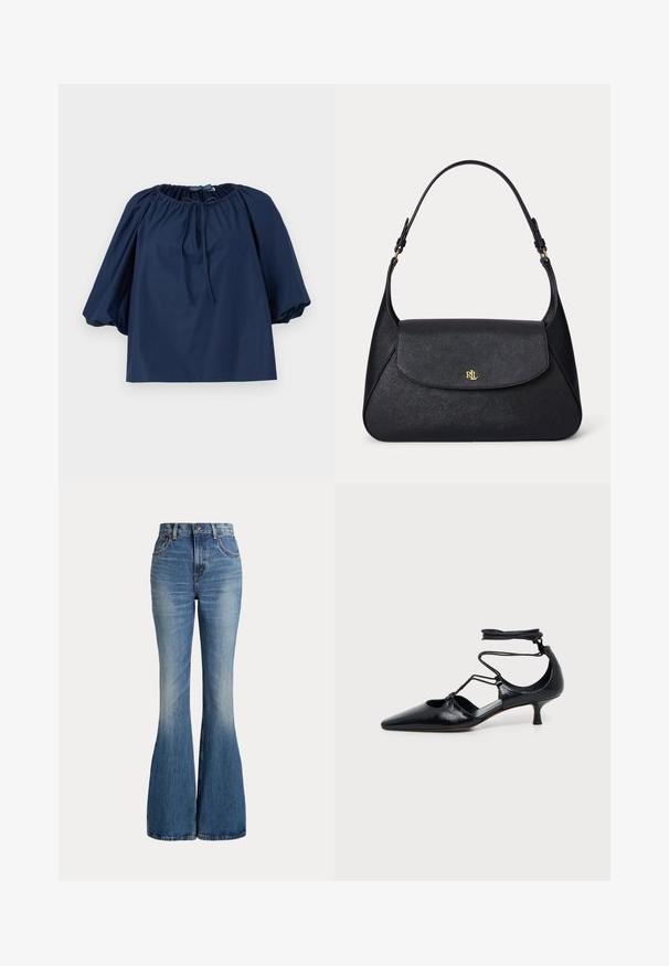 Blouse bleu marine avec encolure élastiquée froncée, détail noué à l'avant, manches bouffantes longueur coude et ourlet droit.; Jean en denim bleu taille haute avec jambes évasées et légère décoloration sur la partie avant des cuisses, présenté sur fond blanc.; Chaussure noire à bout pointu et talon kitten avec brides autour de la cheville et détails découpés sur les côtés, présentée sur un fond uni clair.; Sac à bandoulière en cuir noir texturé avec un rabat arrondi et un logo doré "RL" sur le devant, doté d'une bandoulière réglable avec des accessoires dorés.
