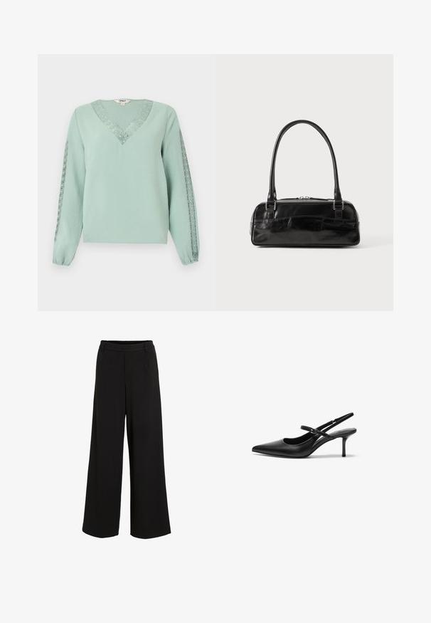 Blouse vert clair à manches longues avec col en V et détails en dentelle le long du col et des deux manches.; Pantalons noirs à jambe large fabriqués dans un tissu lisse. Ils présentent une taille ajustée avec un détail de pli subtil et un design épuré, sans ornements.; Talons aiguilles noires en cuir avec un bout pointu, une fine bride réglable, et un talon aiguille d'environ 5 cm, texture lisse.; Sac à main en cuir noir de forme rectangulaire, doté d'une seule ansse structurée, de quincaillerie argentée et d'une fermeture éclair. Texture lisse.