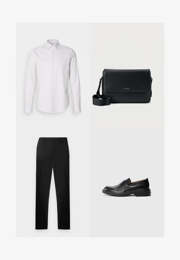 Chemise blanche à manches longues avec un col pointu, fermeture à boutons à l'avant, en tissu lisse. Présente une texture légèrement rayée.; Pantalons noirs en tissu lisse, avec une coupe droite, des plis avant et une fermeture à bouton à la taille.; Chaussure habillée noire en cuir, à enfiler, avec un petit talon et un logo Calvin Klein discret sur le côté, présentée de profil sur un fond blanc.; Sac messager en cuir noir à surface texturée, avec une bandoulière ajustable et un rabat avant affichant un logo discret. Forme compacte et rectangulaire.