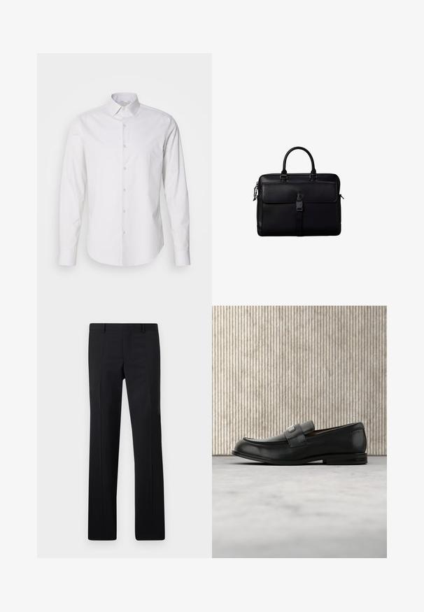 Chemise blanche à manches longues avec un col pointu, fermeture à boutons à l'avant, en tissu lisse. Présente une texture légèrement rayée.; Pantalons noirs ajustés avec une coupe droite, des plis marqués et une finition lisse. Fabriqués en tissu léger avec une taille nette.; Mocassin en cuir noir avec une plaque de marque en métal reposant près d'une table ronde marron sur un sol recouvert de moquette beige.; Mallette en cuir noir avec double poignée, poche avant à rabat et fermeture à boucle, et fermeture éclair latérale sur fond blanc.